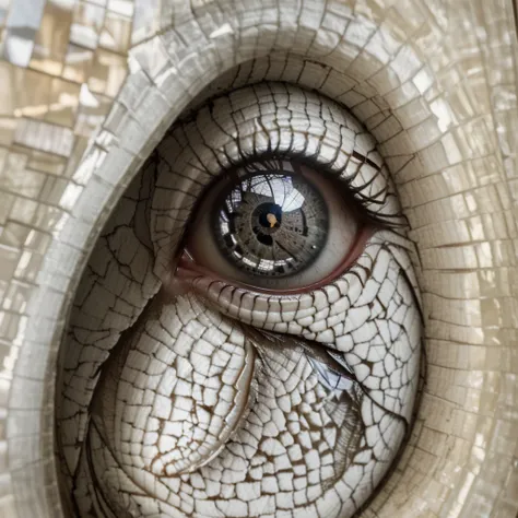 Hyper realistic image completely focused without blur of an eye made of small pieces of white marble with a reflection inside its pupil. The reflected image is of a man sitting in a chair inside a room and behind him a window that lets light into the room....