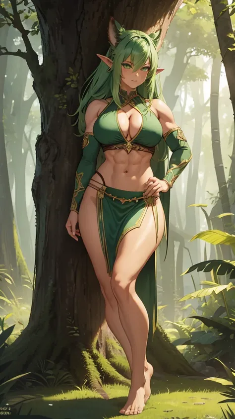 Green hair, red skinned, Pointed ears,， Busty female orc，muscle，Abdominal muscles，animal skin top，cleavage，animal skin skirt，，Bare Legs，barefoot，Standing，forest