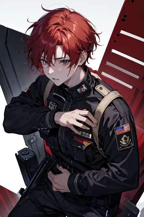 a 23-year-old man with several scars, red hair, and a uniform of special forces without a helmet