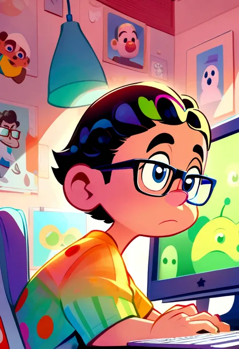 Cartoon style boy, pixar, really short hair, Glasses making design on the computer