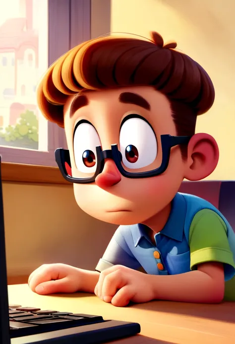 Cartoon style boy, pixar, really short hair, Glasses making design on the computer