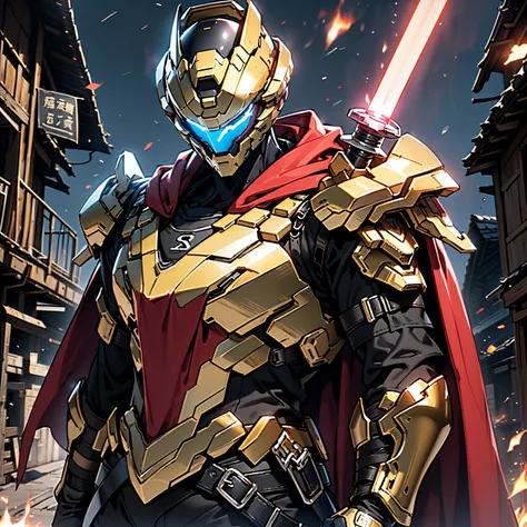 8K quality,(super masterpiece:1.3),Highest quality,Detailed Images,1 knight,BlackKnight,Two Corners,Blue Armor,(Red Capeを着る,Red Cape),(Red Lightsaber),(background:Burning image,night,幻想的なnight空,The end of the world,grassland,Halo),(Holding the sword with b...