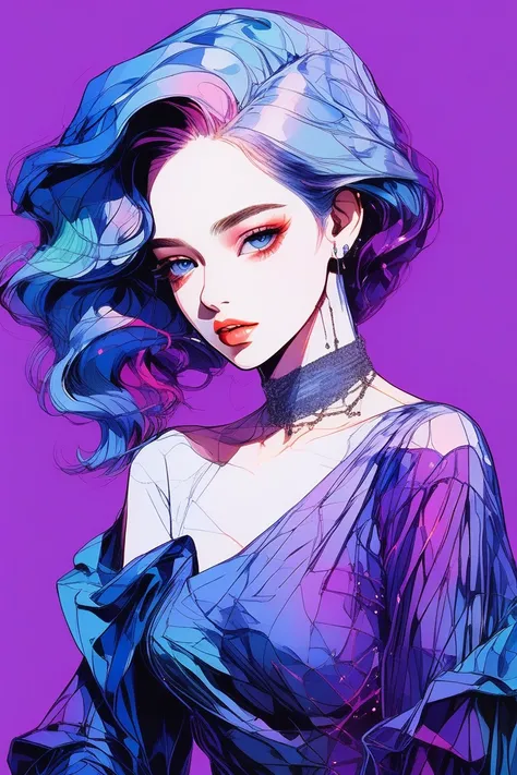 (Highest quality, sketch:1.2),Realistic,Illustrator,anime,1 Girl, detailedな唇,custom, bad woman, detailed, Black and aquamarine gradient background,Neon Hair,Texture Cropping, masterpiece, Style: Retro Classic, [Close-up of a female dummy, Sexy Dress, Silk ...