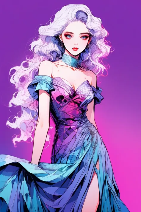 (Highest quality, sketch:1.2),Realistic,Illustrator,anime,1 Girl, detailedな唇,custom, bad woman, detailed, Black and aquamarine gradient background,Neon Hair,Texture Cropping, masterpiece, Style: Retro Classic, [Close-up of a female dummy, Sexy Dress, Silk ...