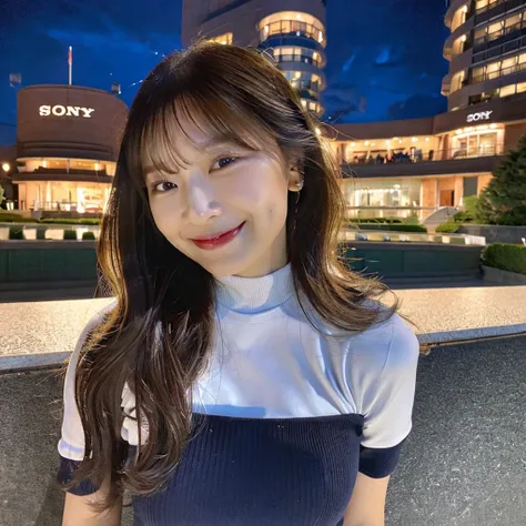 (8K, RAW Photos, Highest quality, masterpiece:1.2), (Realistic, photo-Realistic:1.37), Super detailed,Long Hair 1 Girl,cute, alone,Beautifully detailed skies,Detailed Cafe,night,Sitting,Date、A tight fitting T-shirt,(Red nose),(smile:1.1),(Mouth closed),Big...