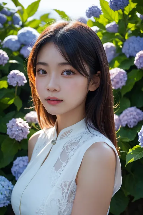 A highly detailed, photorealistic portrait of a beautiful young Asian woman with smooth skin, large expressive eyes, and natural makeup. She is surrounded by lush hydrangea bushes, with soft lighting and a shallow depth of field. The background is slightly...