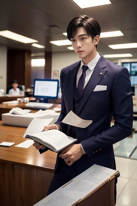 New employee, very handsome, 20 years old.、　（A really cool S-class guy in a suit.）、　เด็กชายJapanอายุ 20 ปี、　businessman、　Luxurious suit、　brown suit、　office、　Standing in a suitＳHandsome young man、　full body photo、　（ภาพถ่ายที่มีรายละเอียดhighของ CG Unity 8K）...