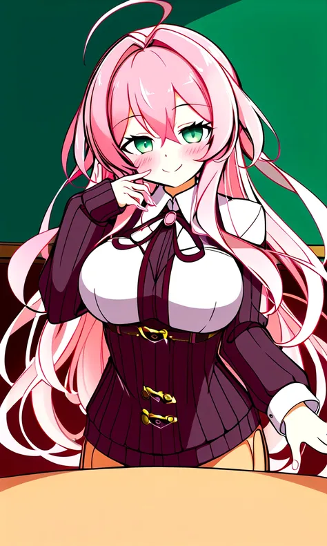 private teacher、Big Breasts、Pink Hair、Long Hair、Straight Hair、Ahoge、Kind older sister、Green Eyes、Droopy eyes、smile、sweater