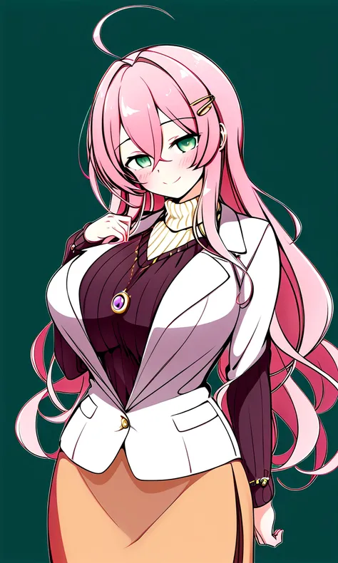 private teacher、Big Breasts、Pink Hair、Long Hair、Straight Hair、Ahoge、Kind older sister、Green Eyes、Droopy eyes、smile、sweater