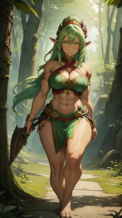 Green hair, red skinned, Pointed ears,， Busty female orc，muscle，Abdominal muscles，animal skin top，cleavage，animal skin skirt，，Bare Legs，barefoot，Standing，forest