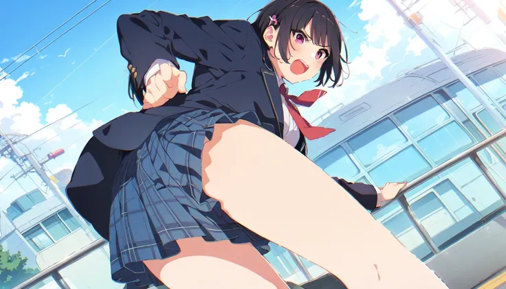 A middle-aged man with black bob hair and a blazer and uniform is standing holding onto the handrail of a train、He is grabbing the buttocks of a girl in a navy blue checked skirt.