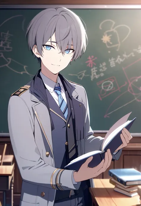 masterpiece,best quality,depth of field,8K,looking at the viewer,dark gray hair,blue eyes,man,gray long coat,in front of the blackboard,alone,holding an open book,smiling,male,(charismatic eyes 1;1),wseifuku,necktie,