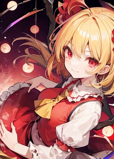 touhou project huran flandre scarlet　Upper Body　Iridescent feathers　Looking at this　smile　Blonde　Red Moon