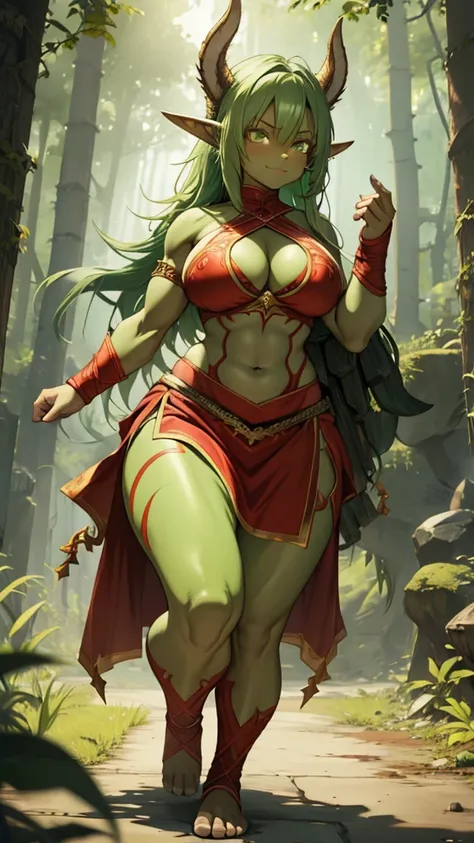 Green hair, red skinned, Pointed ears,， Busty female orc，muscle，Abdominal muscles，animal skin top，cleavage，animal skin skirt，Thin legs，barefoot，Standing，forest