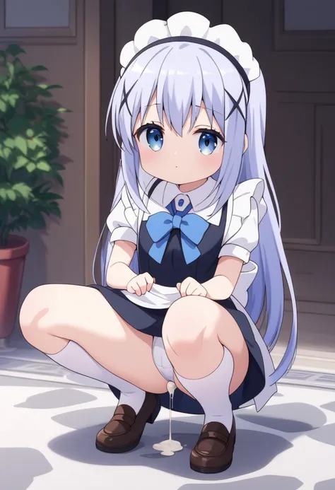 Score_9, Score_8_up, Score_7_up, Score_6_up, Score_5_up, Score_4_up, source_anime, 1girl, nsfw, maid, Kafu Chino, squatting, chibi, cumdrip, after anal