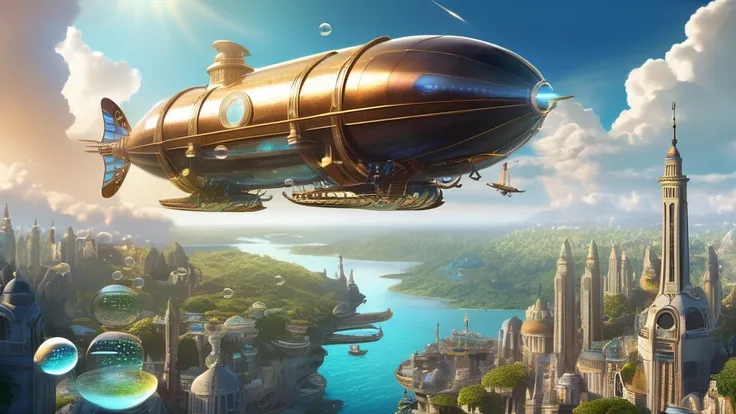 city;Floating in the air as bubbles, Fantasy World, Airship Battleship, Bright fantasy atmosphere, Ultra-high resolution, 8K, 16K, Fiji Films, Crazy Details,