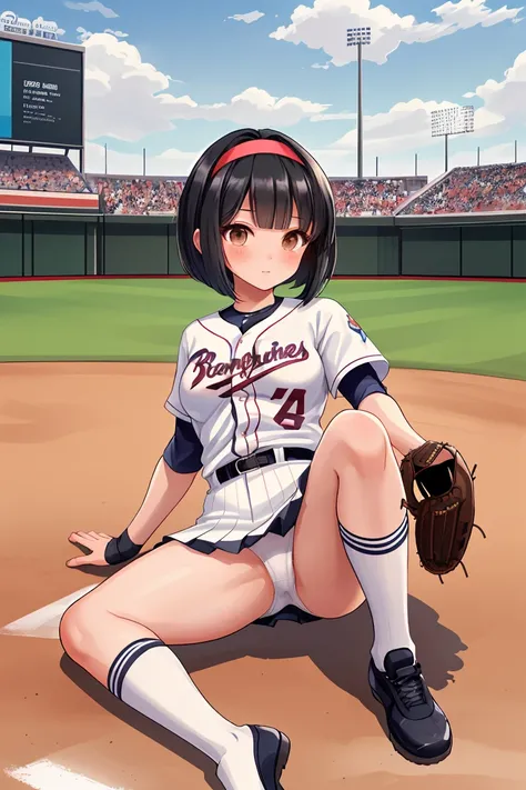 beautiful girl　Baseball club　Beautiful breasts　Black Hair　Short Bob　hair band　baseball Ground　mini skirt　White panties　Knee-high socks