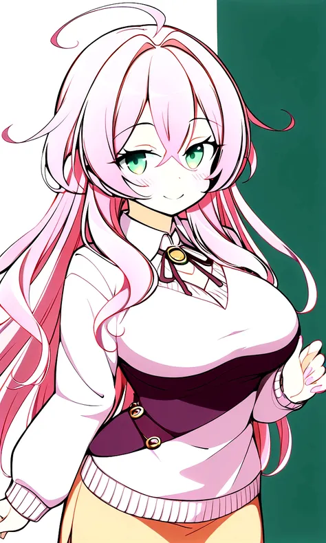 private teacher、Big Breasts、Pink Hair、Long Hair、Straight Hair、Ahoge、Kind older sister、Green Eyes、Droopy eyes、smile、sweater