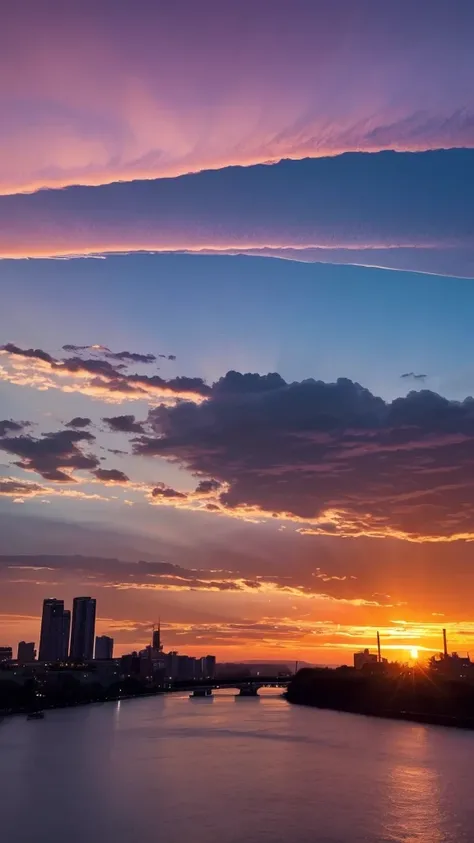 The evening sky turns orange and purple、Clouds float between them。Many plane trails crossed the sky.、It looks like art in the sky。In the distance is the silhouette of a city、A quiet river flows in front of me.。The color of the sky is reflected on the surfa...