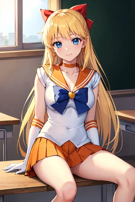 masterpiece, Highest quality, High resolution, Venus 1, One girl, alone, Sailor Warrior Uniforms, Sailor Venus, aino minako, Blonde, Magical girl, blue eyes, Orange Skirt, Elbow hand pockets, tiara, Pleated skirt, Hair Ribbon, Orange sailor collar, mini sk...