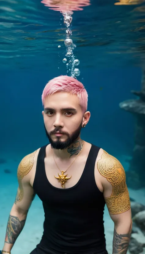 Strong people, Pink short hair, Short beard, Has orange eyes, Underwater, The tattoos on the body are all black, There is a golden trident, Realistic style, Focus on the face