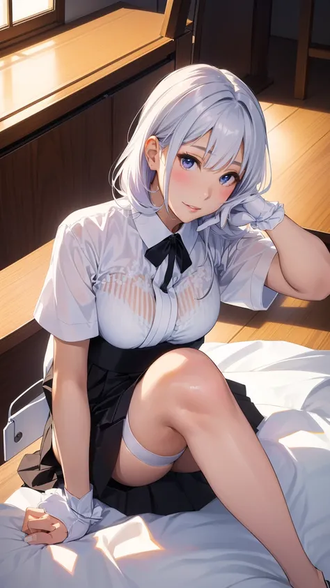 arafed asian woman in a white shirt and black stockings sitting on a chair, a hyperrealistic , realistic young gravure idol, cute , young pretty gravure idol, hyperrealistic , young gravure idol, the anime girl is crouching, young sensual gravure idol, jap...