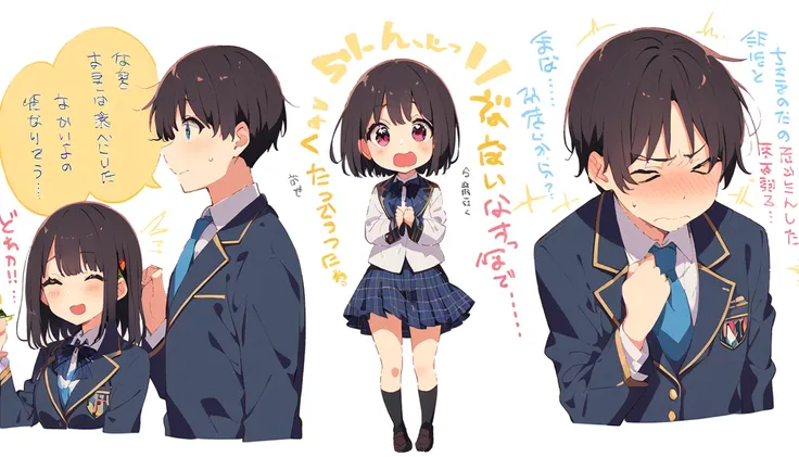 A middle-aged man is lifting up the skirt of a girl with bob-black hair, a blazer uniform, a navy blue checked skirt and floral panties, who is standing on a train with a blushing face and bowed head.、whole body