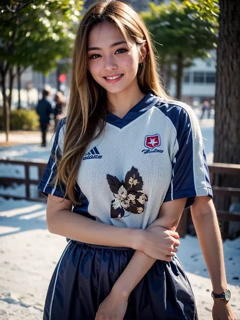 Årafed woman in blue and white uniform posing for photo, Wearing a volleyball jersey, Japanese Girls, Japanese Model,  White and blue, Beautiful Korean Women, 18-year-old, Attractive pose,  Professional sports style, sporty, Attractive girl