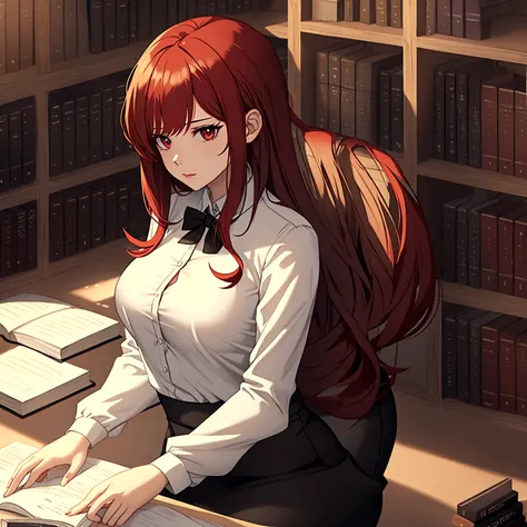 Office worker wearing a low-cut white blouse and short black skirt, Red hair, sitting at the desk in an RPG gaming style room. Papers and books on the desk. In the background a bookcase full of books.