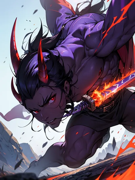 devil、Dark purple skin、Red eyes、Savage look、A magic sword as big as the body、Battle Maniac、I like fighting、strong、Barren Plains