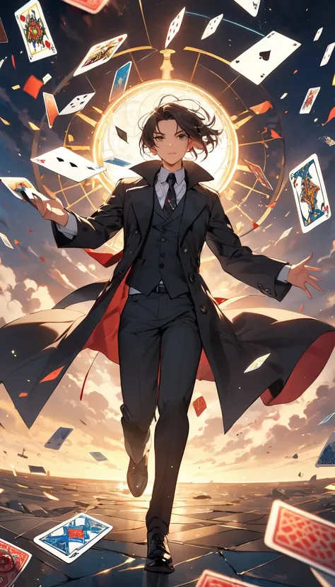 Magician in black trench coat，Tarot cards floating in the air，Tarot cards floating in the air