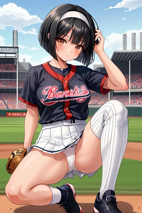 beautiful girl　Baseball club　Beautiful breasts　Black Hair　Short Bob　hair band　baseball Ground　mini skirt　White panties　Knee-high socks