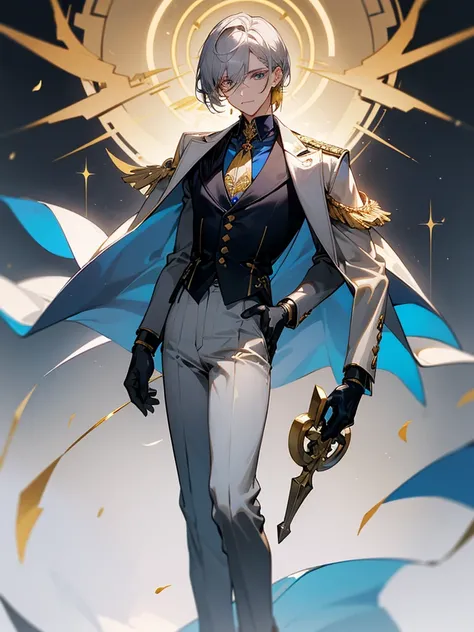 Sunday is a young man with fair skin., golden irises and dark blue pupils. He has sleek shoulder-length light gray hair with bangs, combed to the left. Behind his ears he has wings of the same color pierced with gold earrings, as well as a halo with detail...