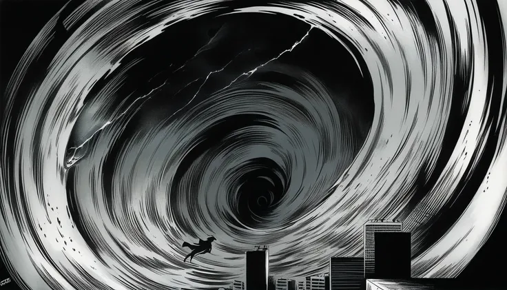 a surreal scene depicting a cityscape being consumed by a giant, spiraling vortex, with human figures contorted and trapped with...