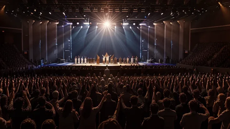 A worship leader and band on stage, with lyrics on a large screen behind them emphasizing deep theological truths. The congregation is visibly moved, with hands raised and others kneeling. Dramatic lighting highlights the intensity and sincerity of the wor...