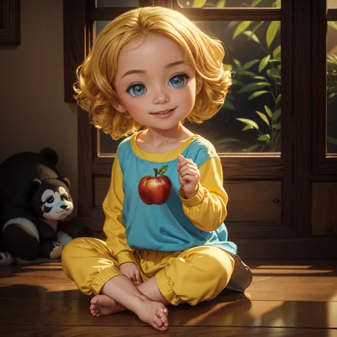 (masterpiece), (best quality), (ultra-detailed), (full body:1.2), The image features a young girl with blonde hair and blue eyes, wearing a yellow shirt with an apple on it, sitting on a wooden floor in a room with a window and a stuffed panda bear. Super ...