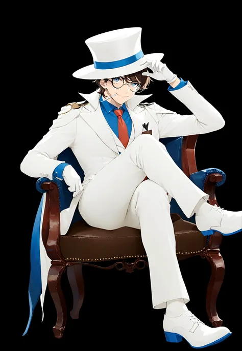 solo, looking at viewer, smile, simple background, brown hair, shirt, gloves, long sleeves, 1boy, hat, sitting, jacket, full body, male focus, necktie, glasses, pants, white gloves, cape, white headwear, chair, formal, white footwear, crossed legs, suit, b...