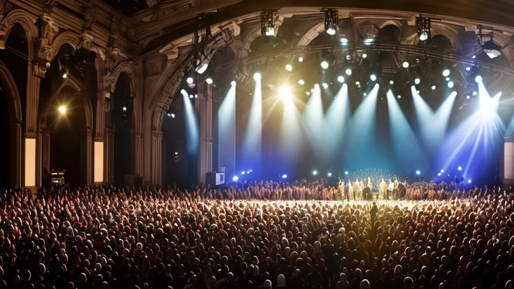 A worship leader and band on stage, with lyrics on a large screen behind them emphasizing deep theological truths. The congregation is visibly moved, with hands raised and others kneeling. Dramatic lighting highlights the intensity and sincerity of the wor...