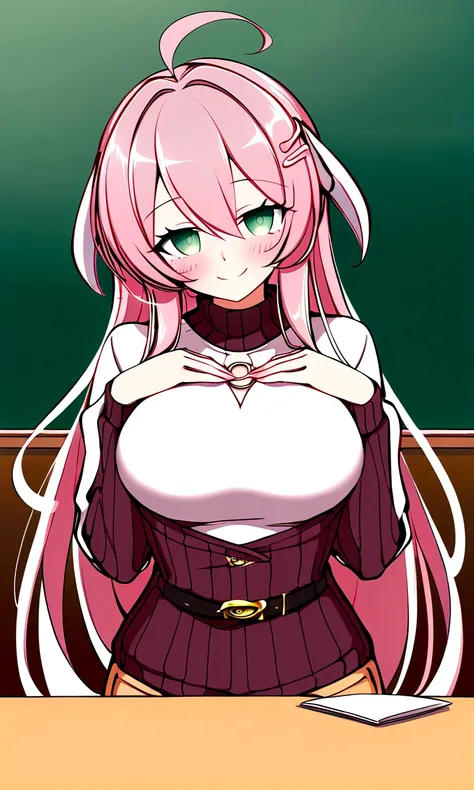 private teacher、Big Breasts、Pink Hair、Long Hair、Straight Hair、Ahoge、Kind older sister、Green Eyes、Droopy eyes、smile、sweater