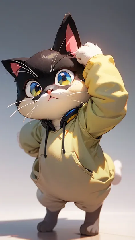 cute cat with fluffy fur wearing one hoodie and headphones, the background is modern and inorganic, adorable digital painting, 3...