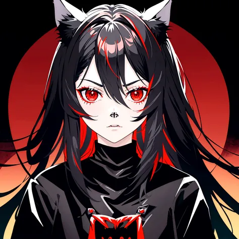 1 girl, beautiful face, cool, intimidation, red eye, long hair, dark gray hair, cat ear, black color jacket, red color t-shirt, natural place, jungle, tropical