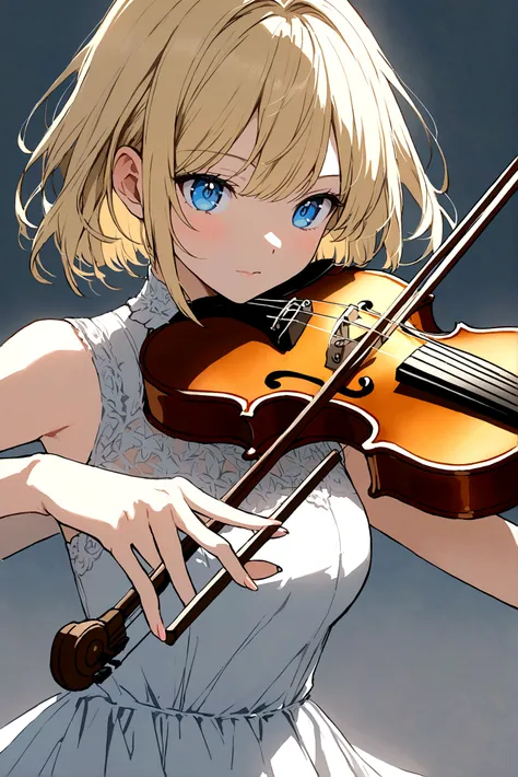 Anime girl with short blonde hair and blue eyes playing the violin 