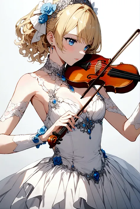 Anime girl with short blonde hair and blue eyes playing the violin 