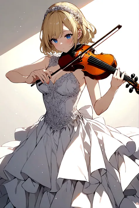 Anime girl with short blonde hair and blue eyes playing the violin 