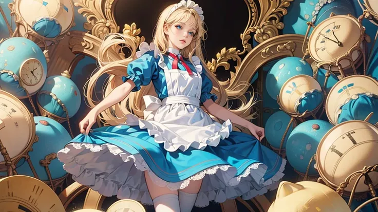 masterpiece, Highest quality, Portraiture, 1 Girl, (Alice in Wonderland:1.2), Blue clothes, White apron, Blonde, blue eyes, Usagi, Trump, Tea cup, White lace thigh high socks, Miniskirt lift, Half Body, Dynamic pose