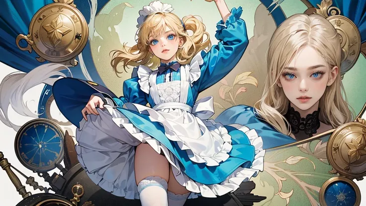 masterpiece, Highest quality, Portraiture, 1 Girl, (Alice in Wonderland:1.2), Blue clothes, White apron, Blonde, blue eyes, Usagi, Trump, Tea cup, White lace thigh high socks, Miniskirt lift, Half Body, Dynamic pose