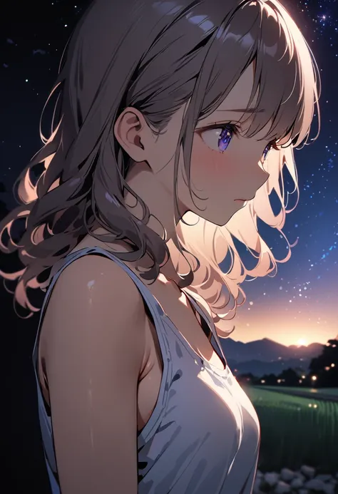 (masterpiece), (high resolution 8K), 1 girl, very cute, detailed eyes and face, detailed body, sad, looking away, wavy hair, tank top, standing, close up shot, from side, japanese rural landscape, rice paddies, gravel road, beautiful starry sky, night, det...