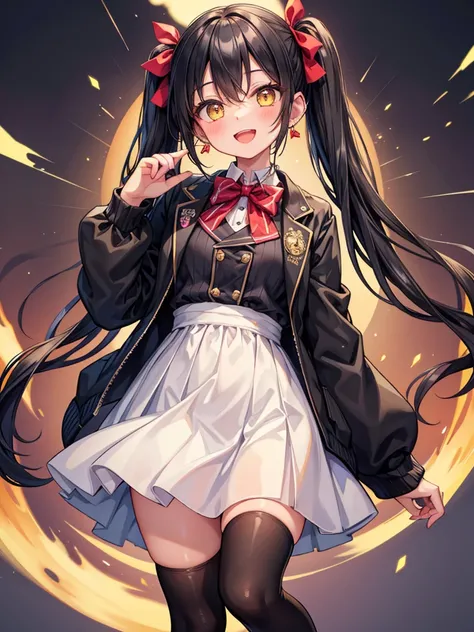 View the viewer, smile, top quality, one girl, look at the viewer alone, blush, smile, open mouth, bangs, black hair, knee socks, long sleeves, dress, bow, hair between eyes, twin tails, Jewelry, jacket, yellow eyes,: d, heal bow, earrings, open clothes, s...