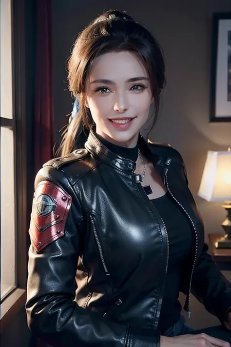 a gorgeous middle-aged busty woman, ponytail, leather jacket, lady bikers, motosport, beautiful smile showing teeth, pov, lover, cinematic lighting, (best quality,4k,8k,highres,masterpiece:1.2),ultra-detailed,(realistic,photorealistic,photo-realistic:1.37)...