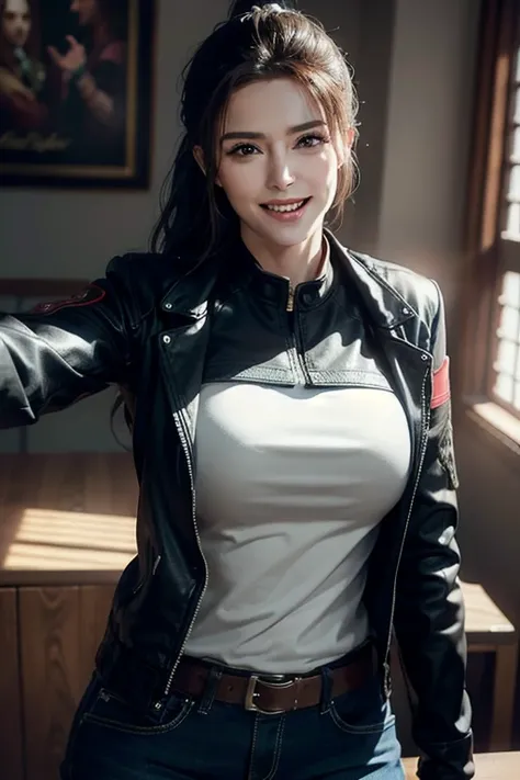 a gorgeous middle-aged busty woman, ponytail, leather jacket, lady bikers, motosport, beautiful smile showing teeth, pov, lover, cinematic lighting, (best quality,4k,8k,highres,masterpiece:1.2),ultra-detailed,(realistic,photorealistic,photo-realistic:1.37)...